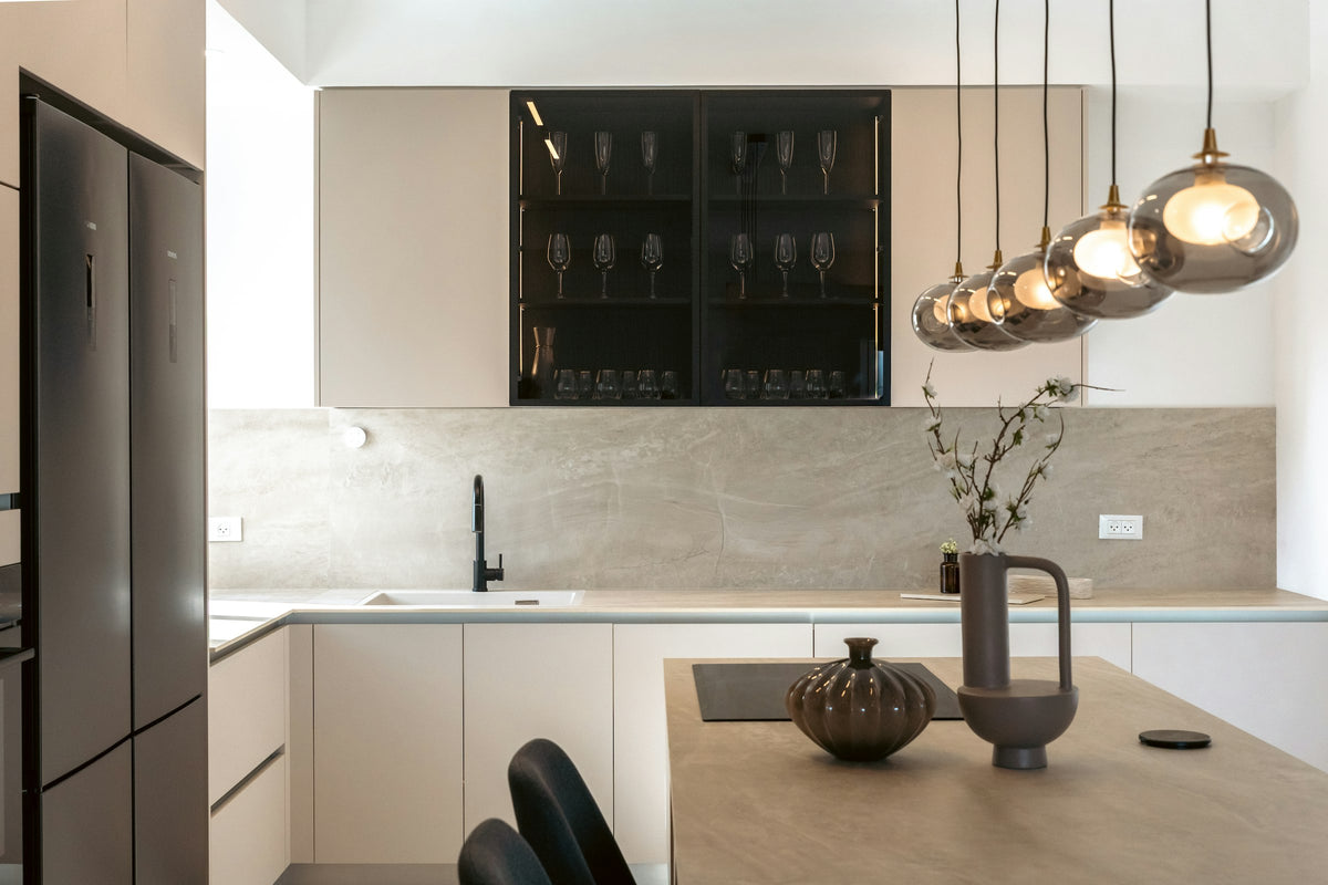 Modern kitchen with pendant lights over the island