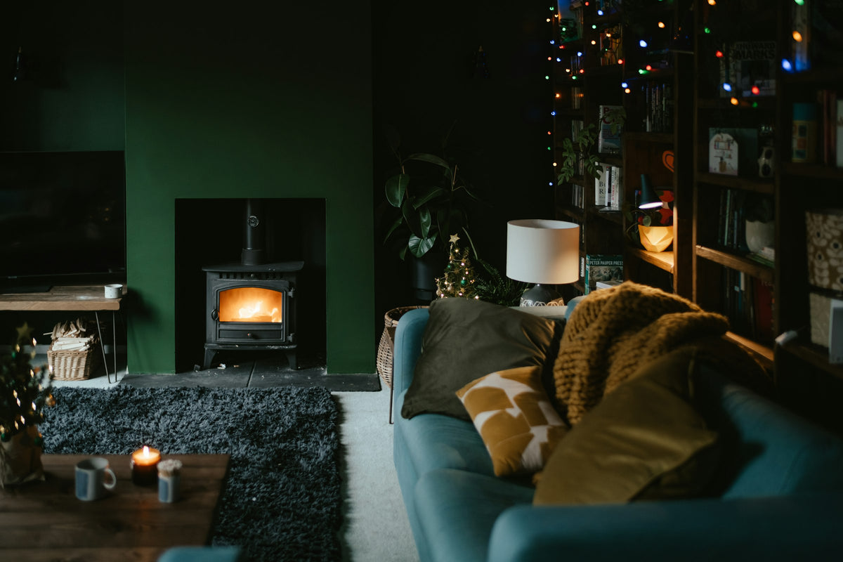 Living room with lamps switched on in the evening
