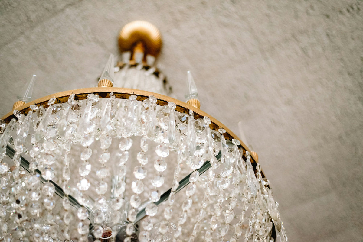 Gold Cage Chandelier with Crystal Drops – Jhumar for Living Room & Foyer (placeholder photo 1)
