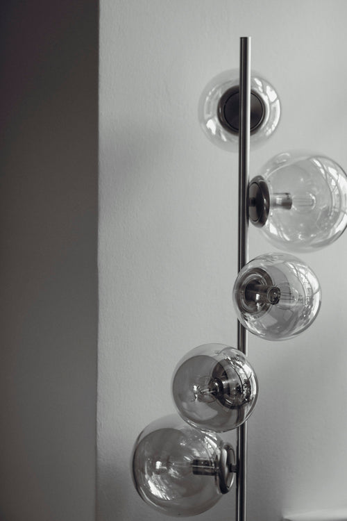 Chrome floor lamp with five smoked glass globes